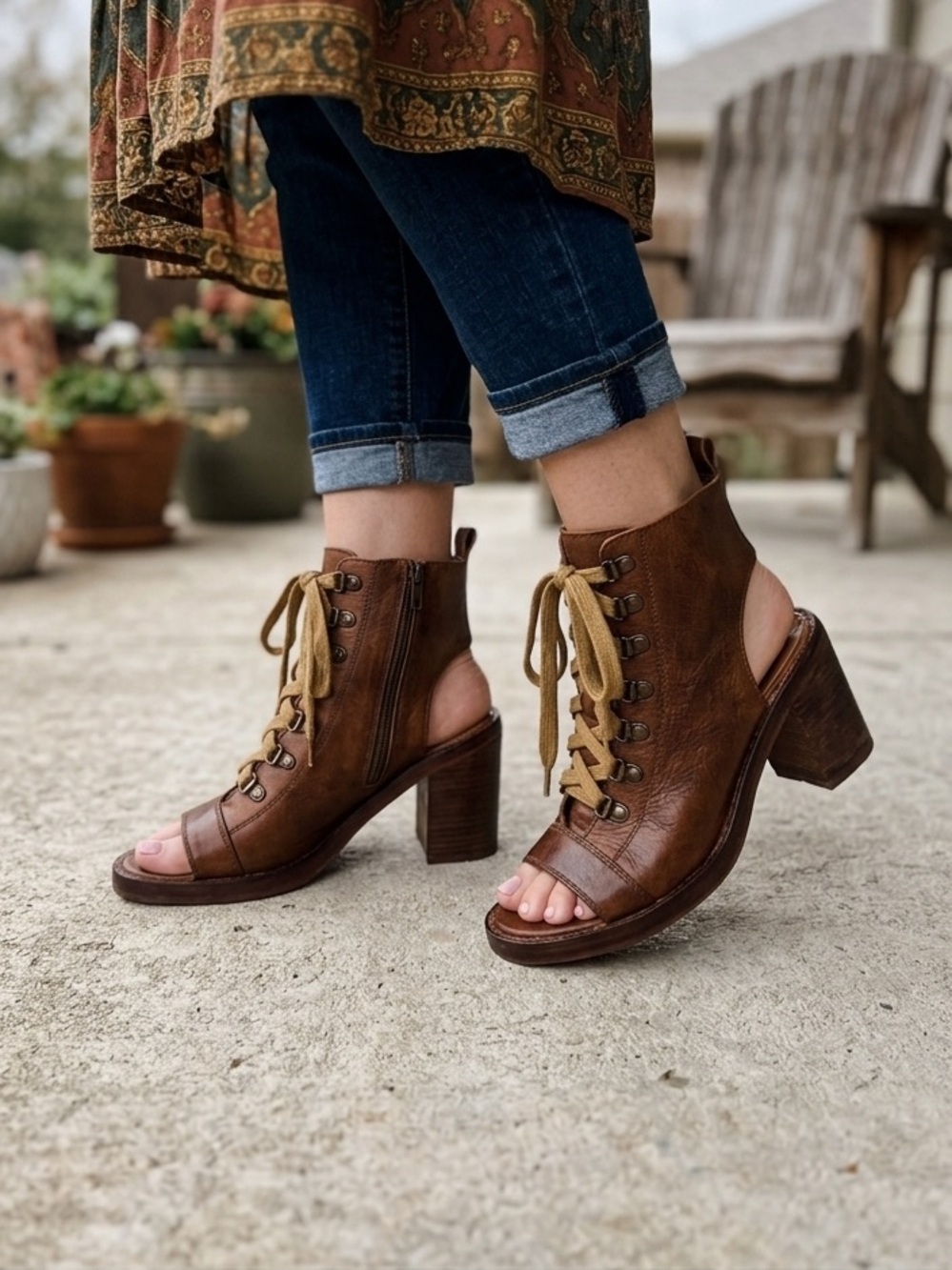Free People City of Lights Black Leather Block Heel Boot Sandals EU 37 | Lace-Up